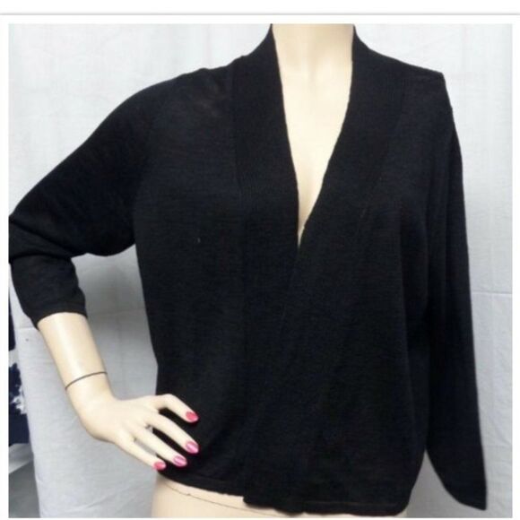 LOFT BLACK 3/4 SLEEVE  RIBBED BACK YOKE SWEATER CARDIGAN SIZE: L NWT - Picture 2 of 3